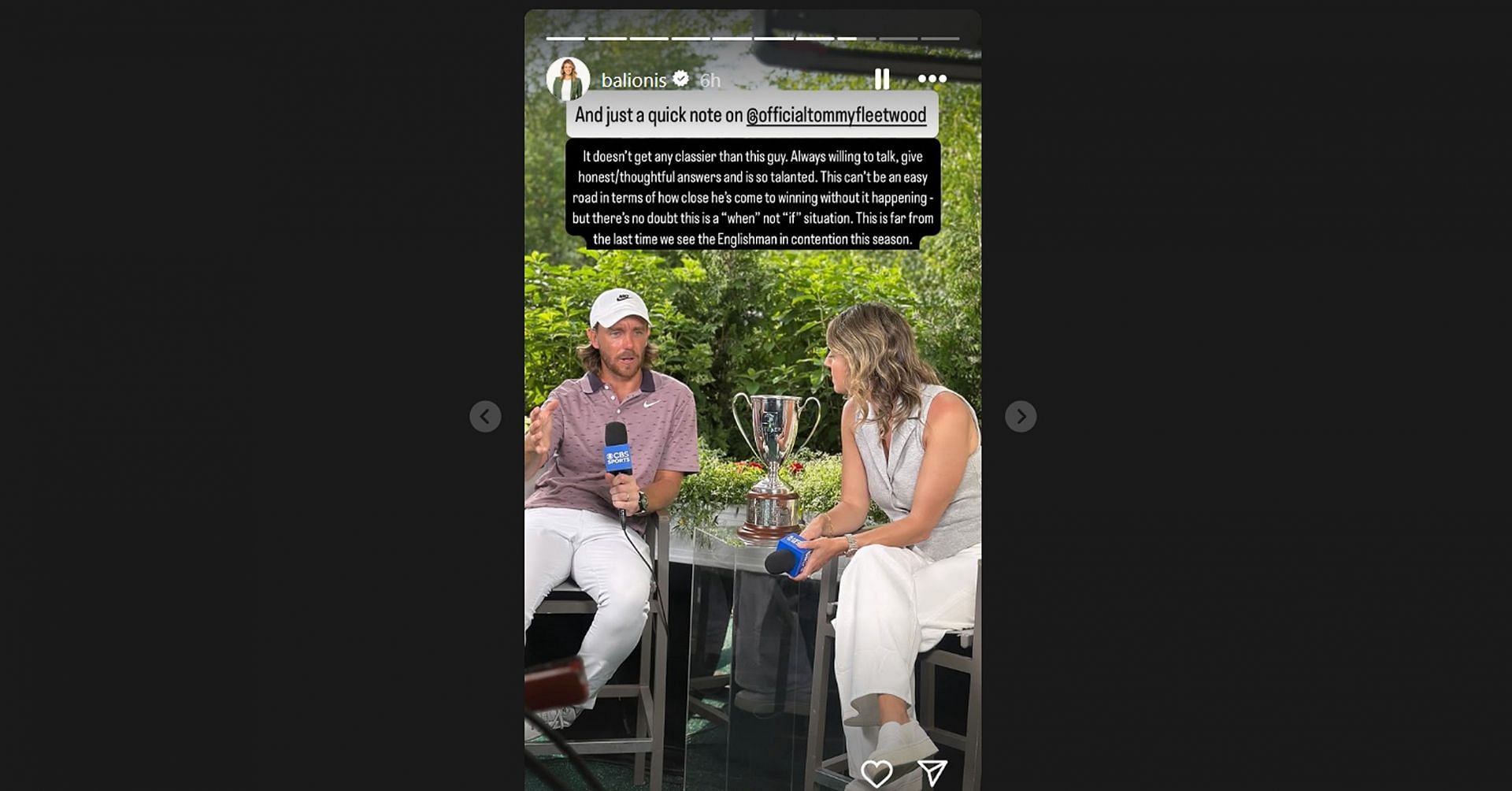 Amanda Balionis shares heartfelt message to ‘classy’ Tommy Fleetwood after Travelers Championship loss/@balionis